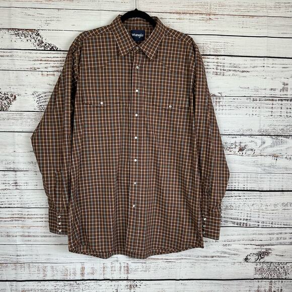 Men's Wrangler Western Cowboy Rodeo Pearl Snap Brown Plaid LS Shirt- Size XLT - Picture 1 of 7